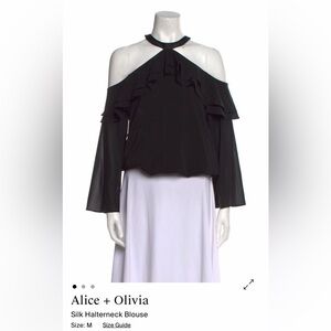 Alice + Olivia Black Silk Cold-Shoulder Ruffle Halterneck Top